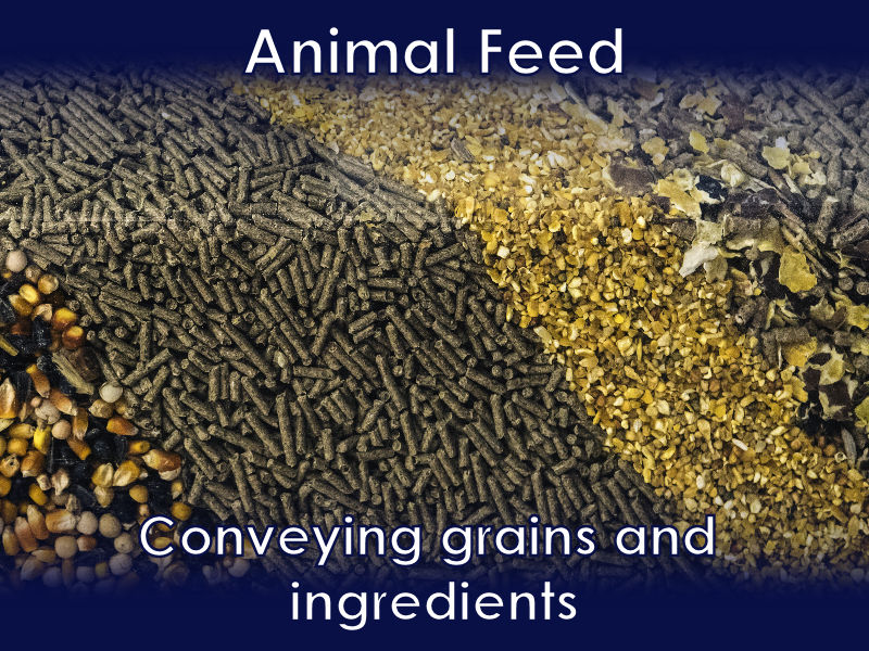 Animal Feed manufacture, used to convey ingredients including grains and seeds